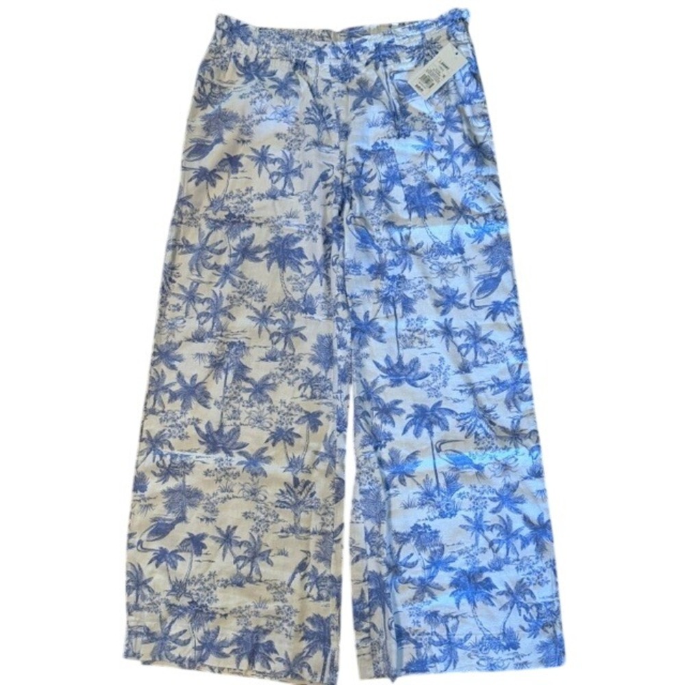 A New Day Blue Tropical Toile Linen Blend Wide Leg Pants L Short NWT